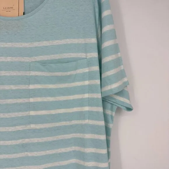 NWT La Ligne New Edie Knit Striped Cotton T-Shirt Dress Aqua Blue/White XL