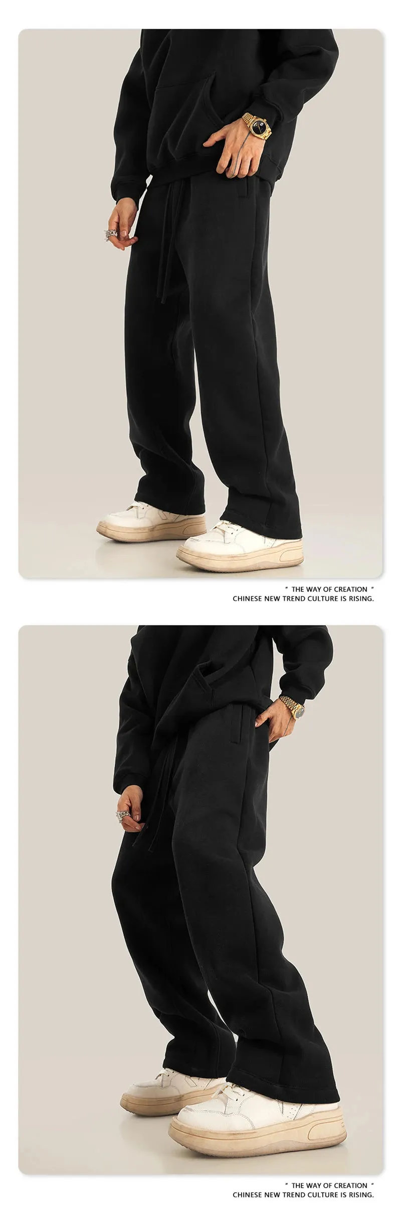 Obsidian Phoenix Luxury 345gsm Fleece Straight Pants - Unisex Loose-Fit Solid Sport Trousers