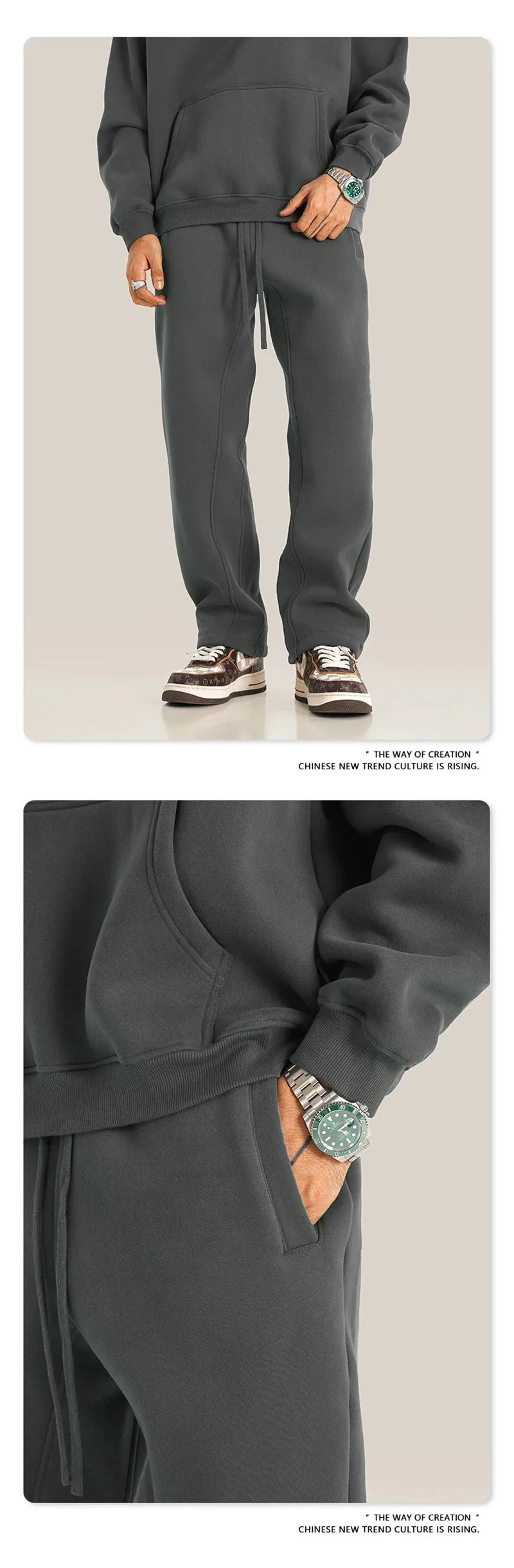 Obsidian Phoenix Luxury 345gsm Fleece Straight Pants - Unisex Loose-Fit Solid Sport Trousers