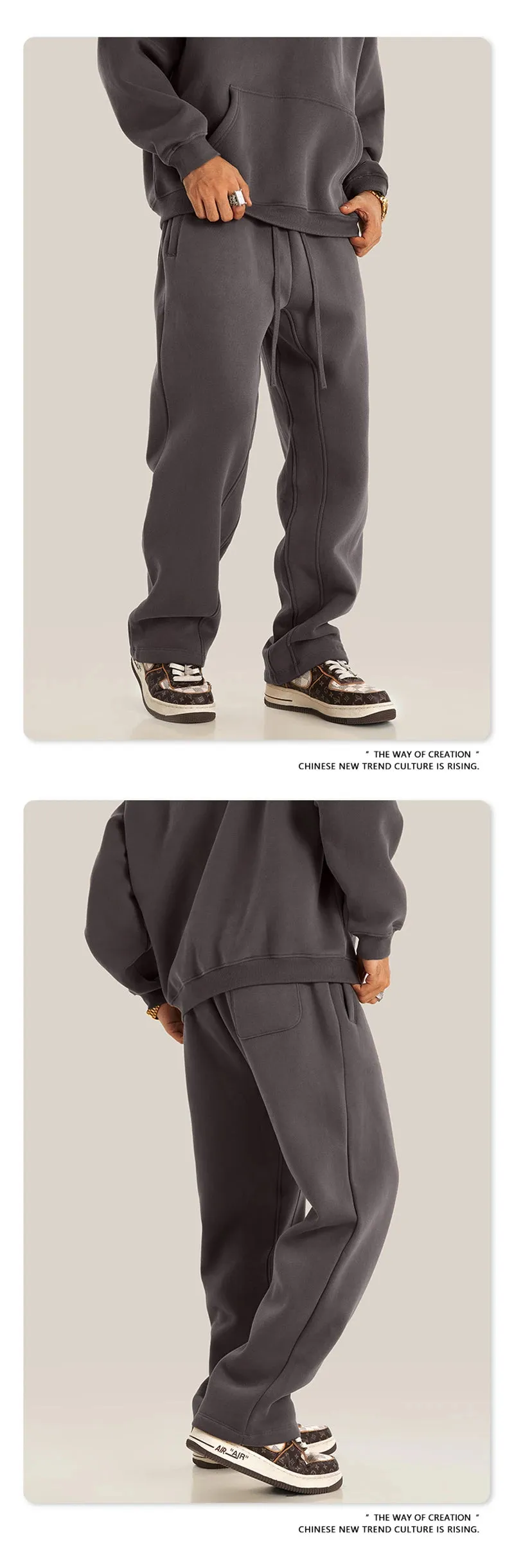 Obsidian Phoenix Luxury 345gsm Fleece Straight Pants - Unisex Loose-Fit Solid Sport Trousers