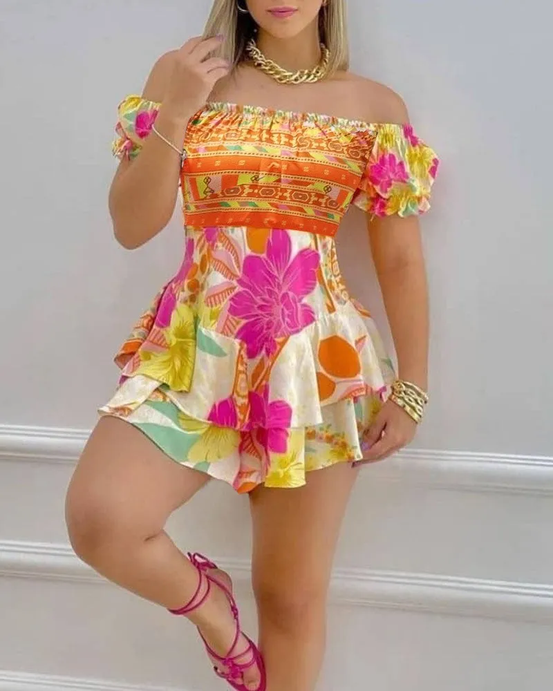 Off Shoulder Ruffle Hem Floral Print Dress