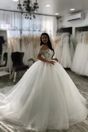 Off-the-shoulder Tulle Ball Gown Bride Dress Rhinestones Bodice