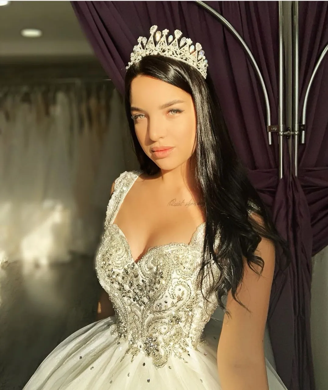 Off-the-shoulder Tulle Ball Gown Bride Dress Rhinestones Bodice