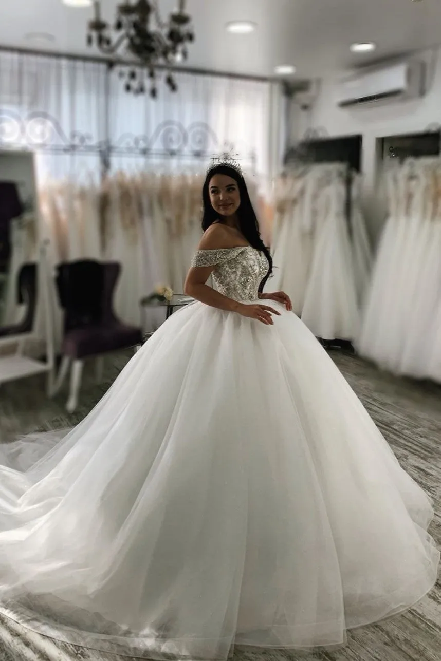 Off-the-shoulder Tulle Ball Gown Bride Dress Rhinestones Bodice