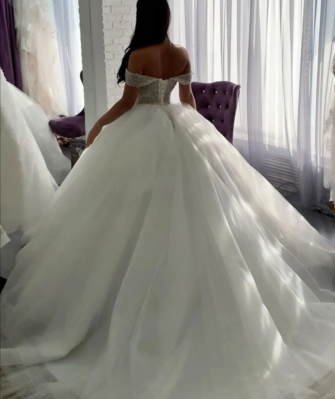 Off-the-shoulder Tulle Ball Gown Bride Dress Rhinestones Bodice
