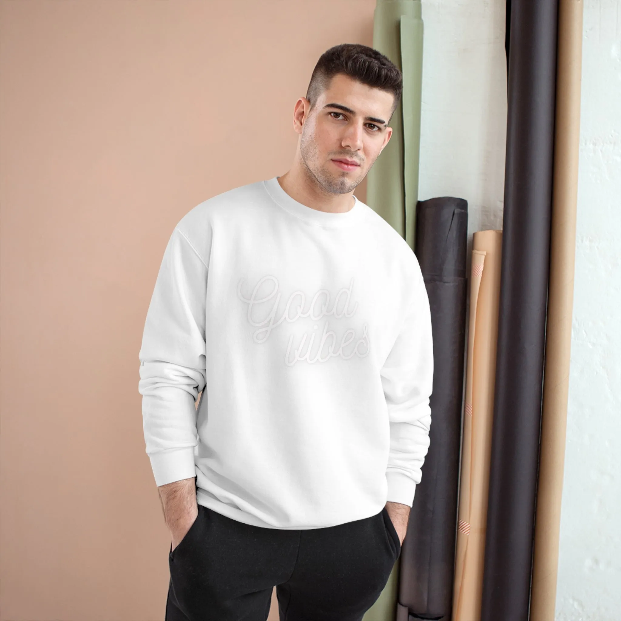 Onward   North "Good Vibes" White-on-White Sweatshirt | Champion Eco Crewneck for Effortless Comfort