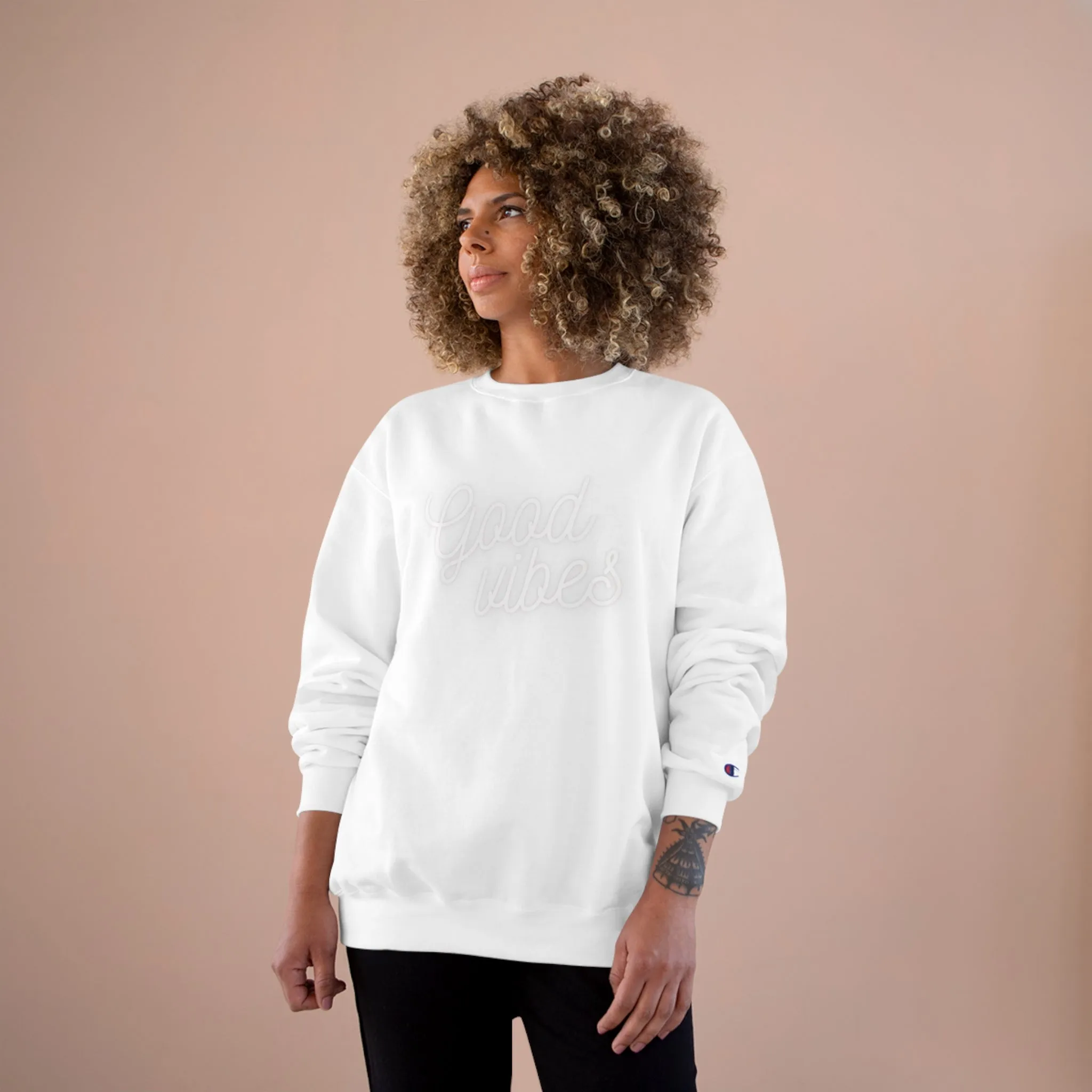 Onward   North "Good Vibes" White-on-White Sweatshirt | Champion Eco Crewneck for Effortless Comfort