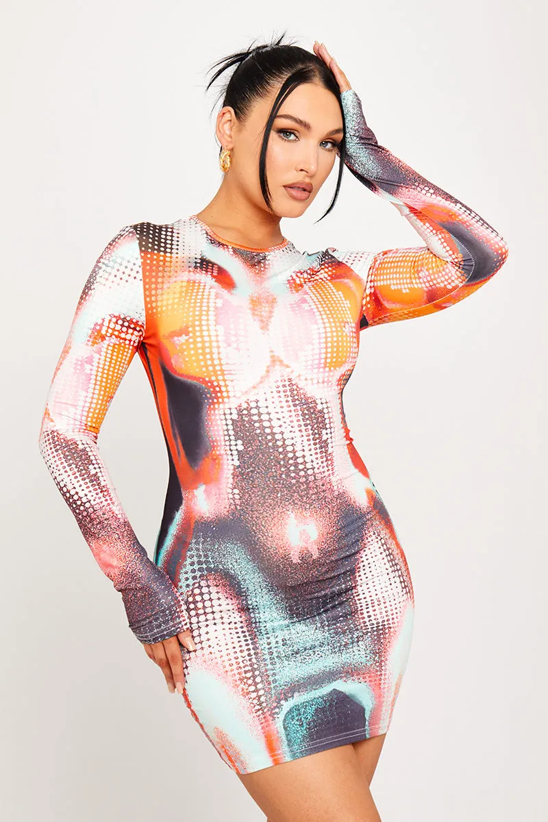 Orange Body Heat Print Long Sleeve Mini Dress