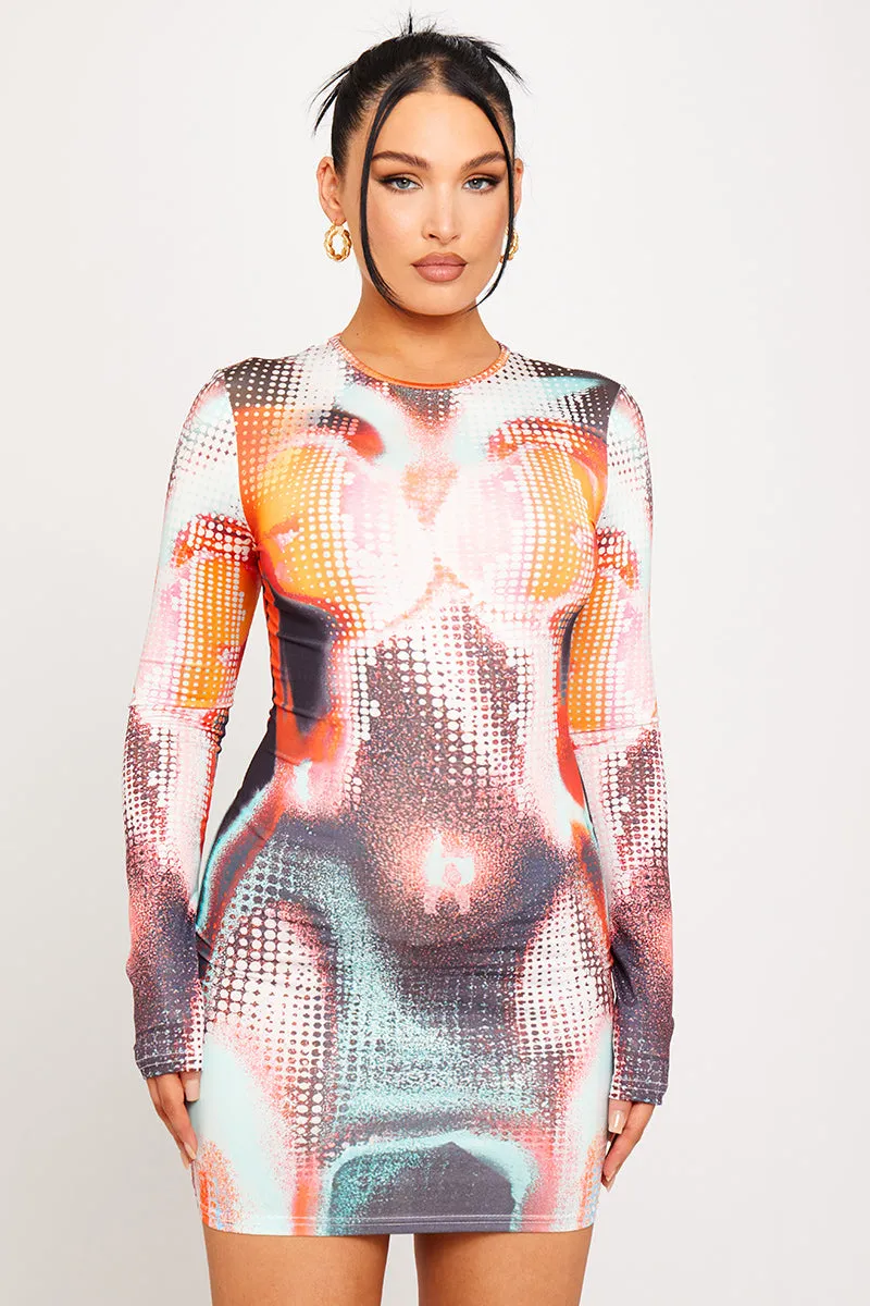 Orange Body Heat Print Long Sleeve Mini Dress