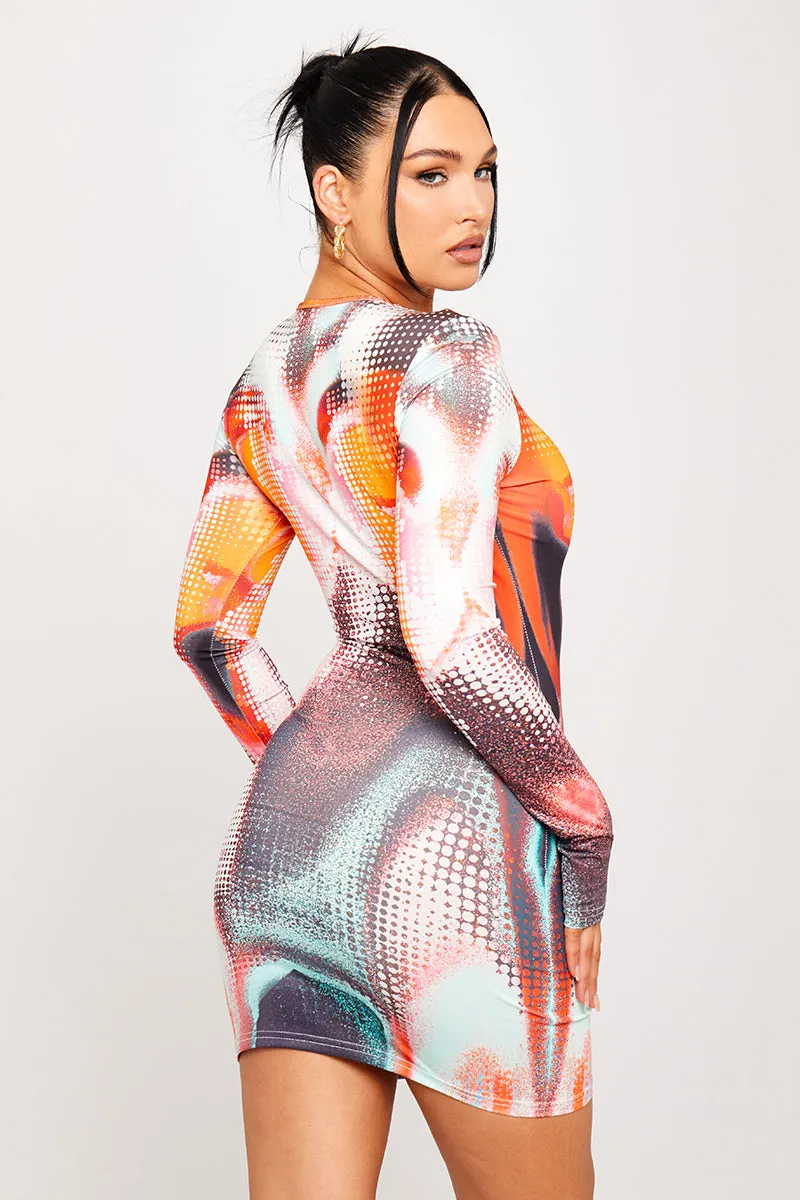 Orange Body Heat Print Long Sleeve Mini Dress