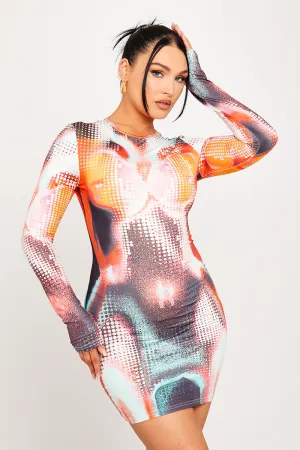 Orange Body Heat Print Long Sleeve Mini Dress