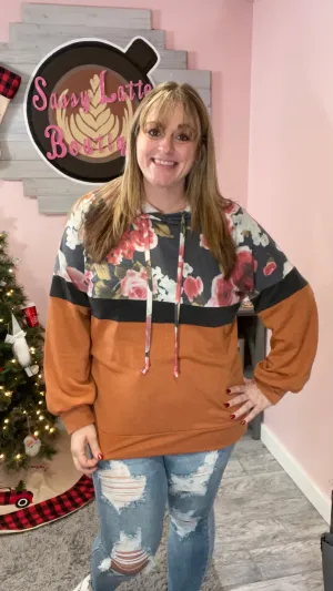 Orange Floral Color Block Hoodie