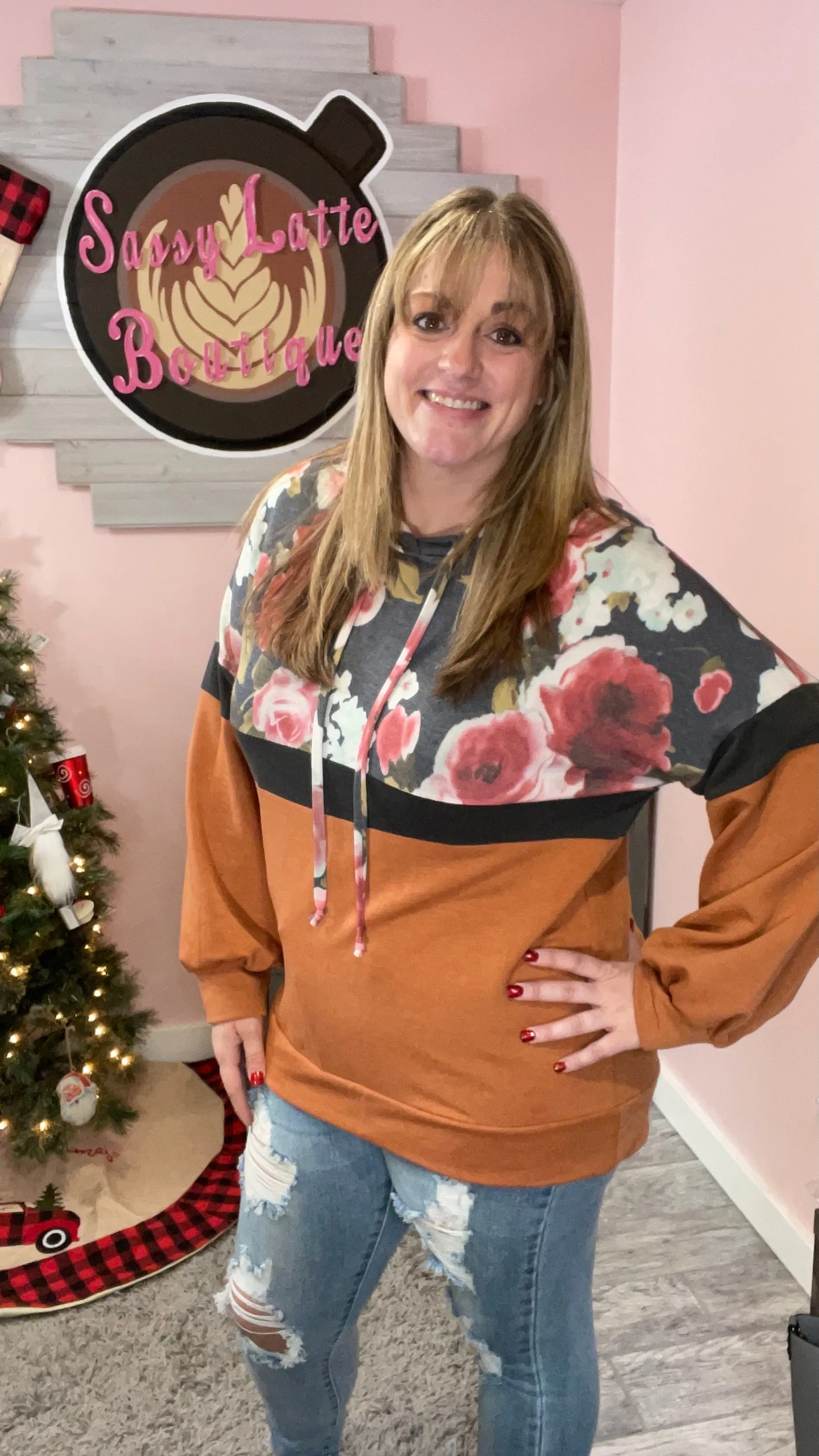 Orange Floral Color Block Hoodie