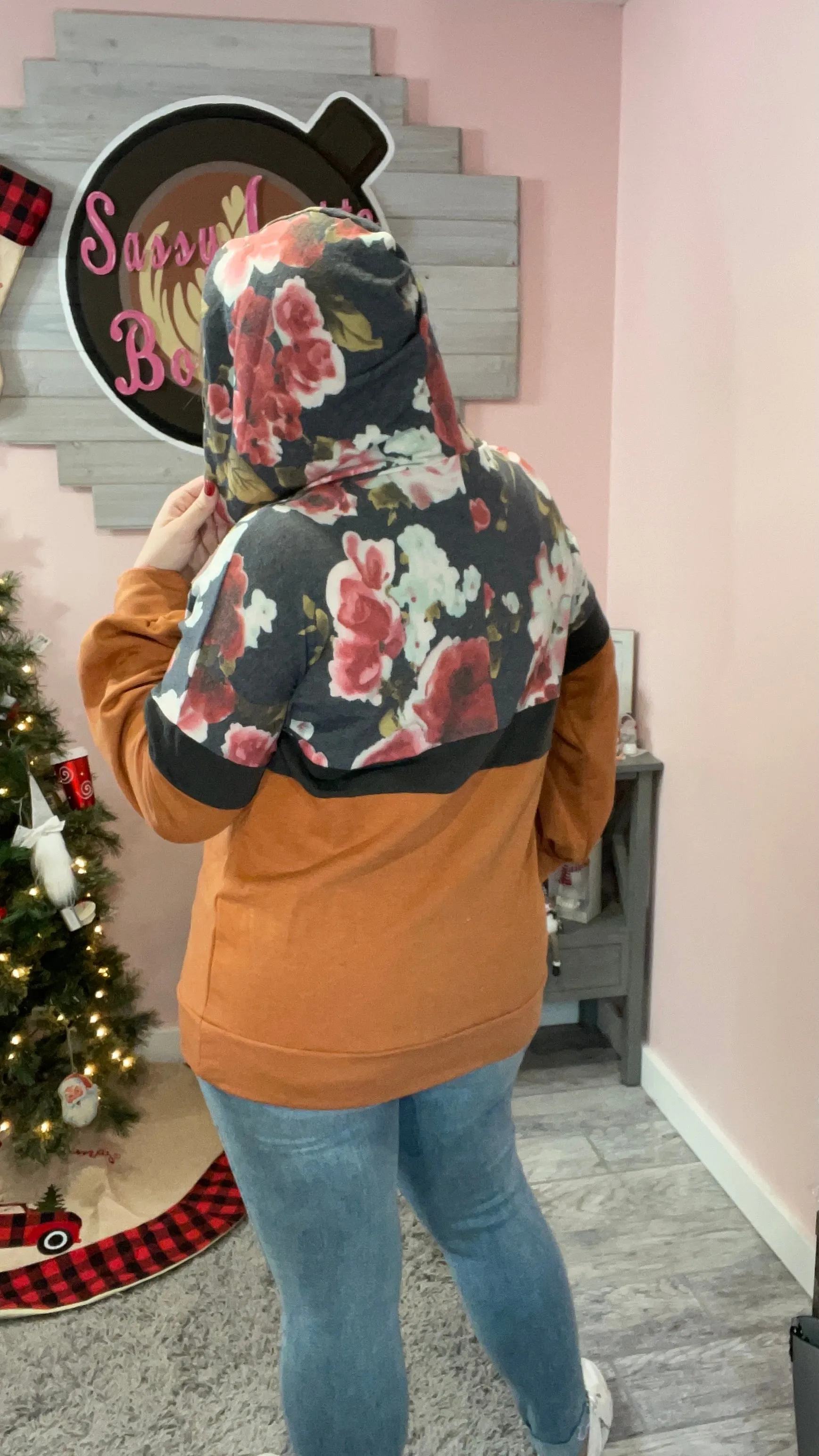Orange Floral Color Block Hoodie