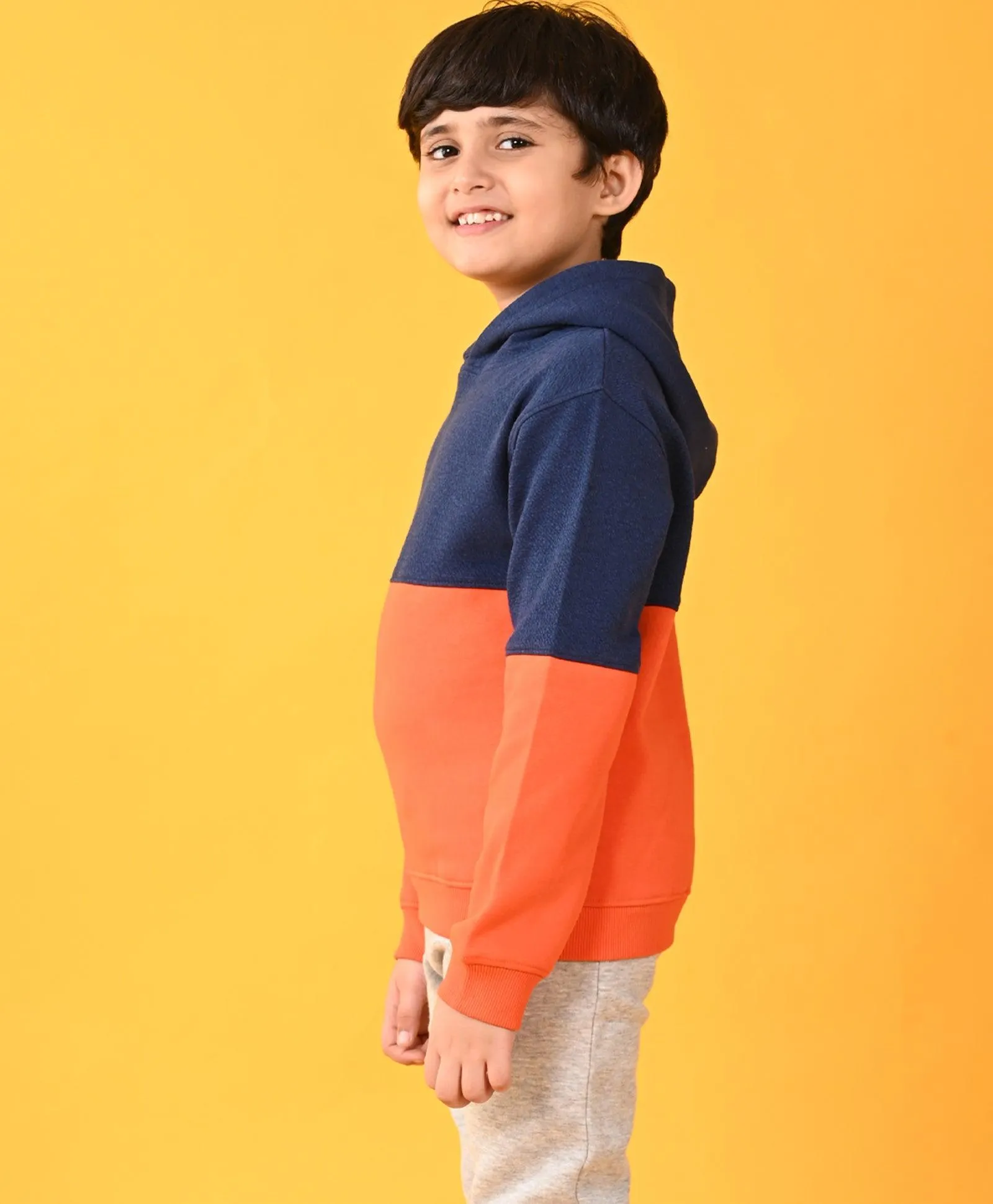 ORANGE NAVY COLOR BLOCK BOYS HOODIE - NAVY