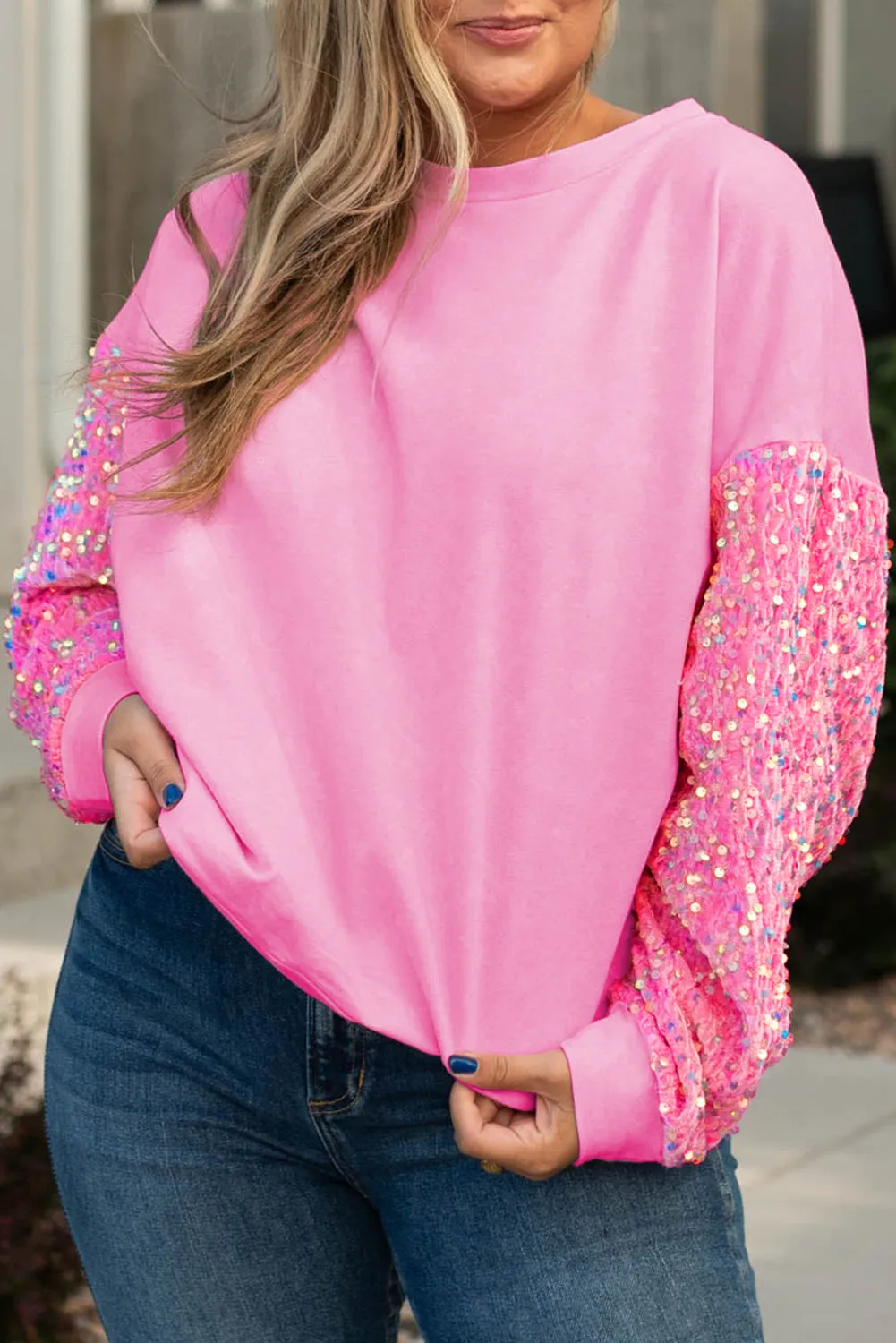 Orchid Petal Sequin Patchwork Long Sleeve Fleur de Lis Patched Pattern Top