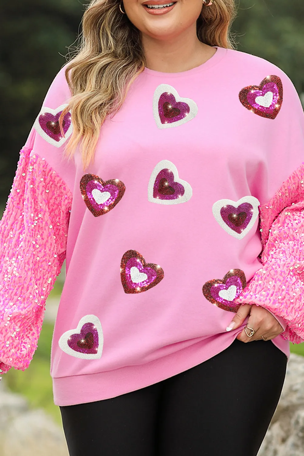 Orchid Petal Sequin Patchwork Long Sleeve Fleur de Lis Patched Pattern Top