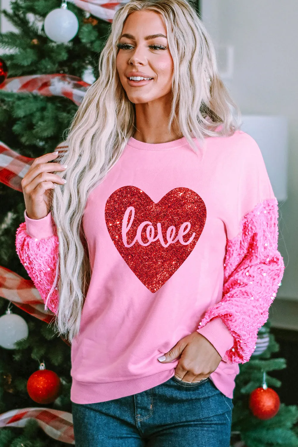 Orchid Petal Sequin Patchwork Long Sleeve Fleur de Lis Patched Pattern Top