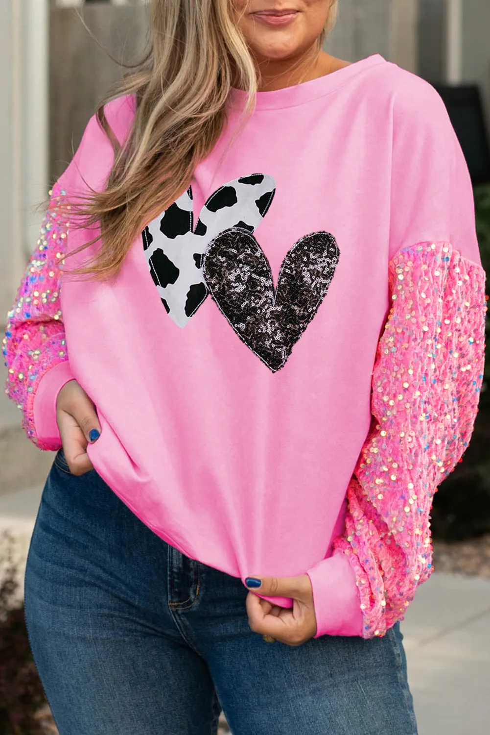 Orchid Petal Sequin Patchwork Long Sleeve Fleur de Lis Patched Pattern Top