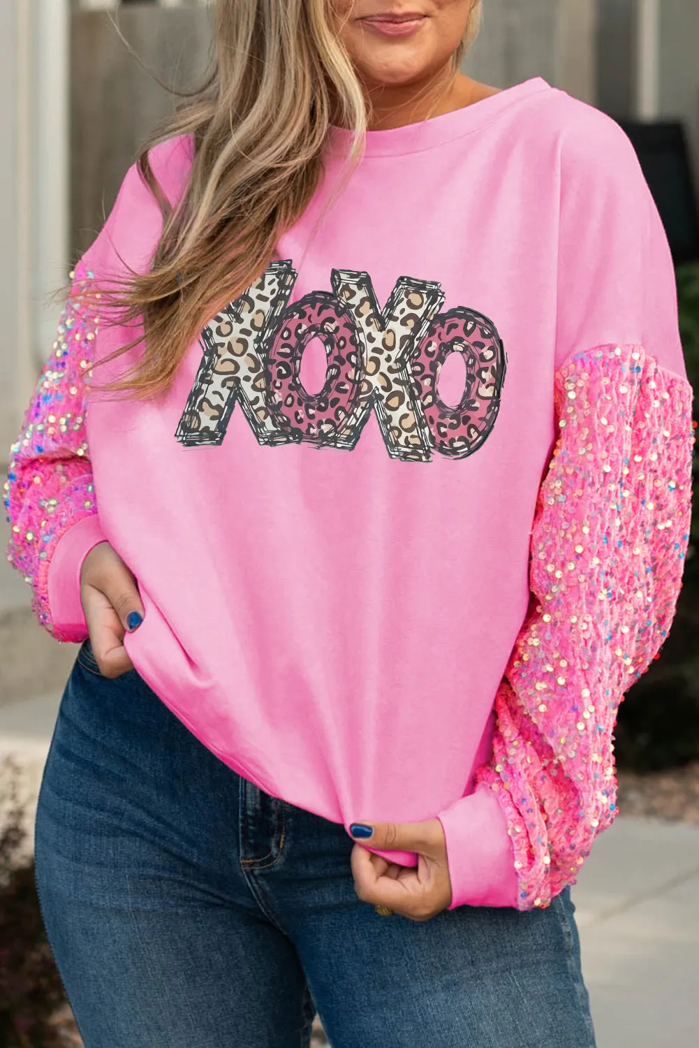Orchid Petal Sequin Patchwork Long Sleeve Fleur de Lis Patched Pattern Top