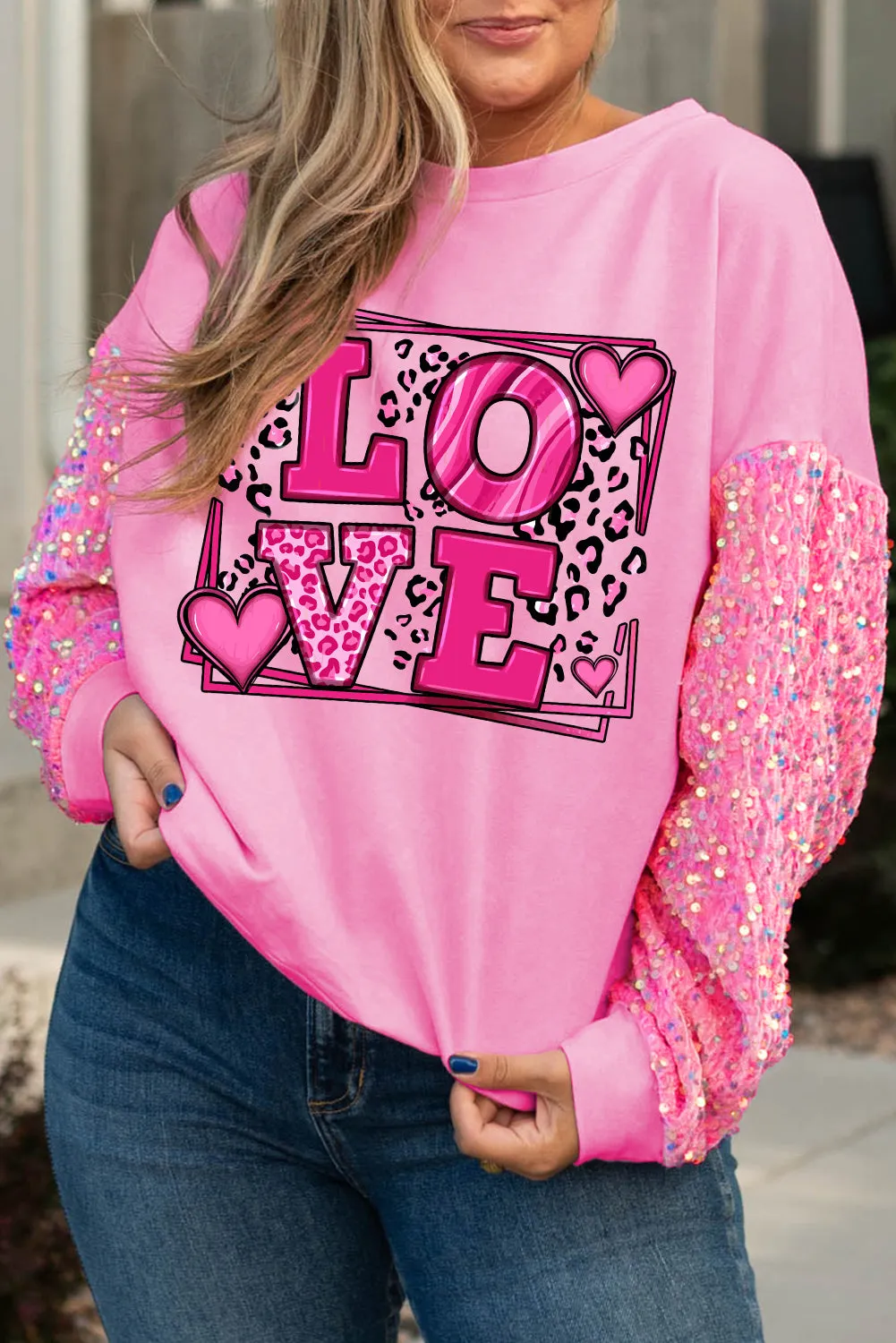 Orchid Petal Sequin Patchwork Long Sleeve Fleur de Lis Patched Pattern Top