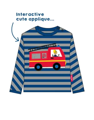 Organic Blue Fire Engine Applique Long-Sleeved T-Shirt