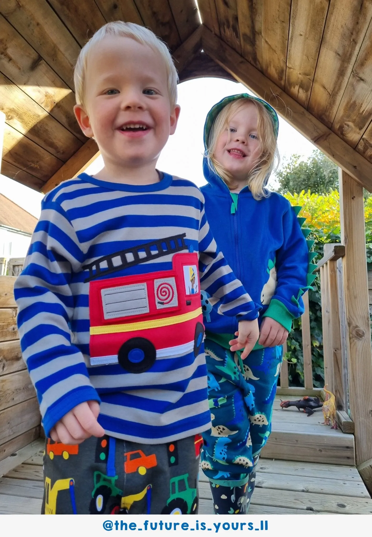 Organic Blue Fire Engine Applique Long-Sleeved T-Shirt
