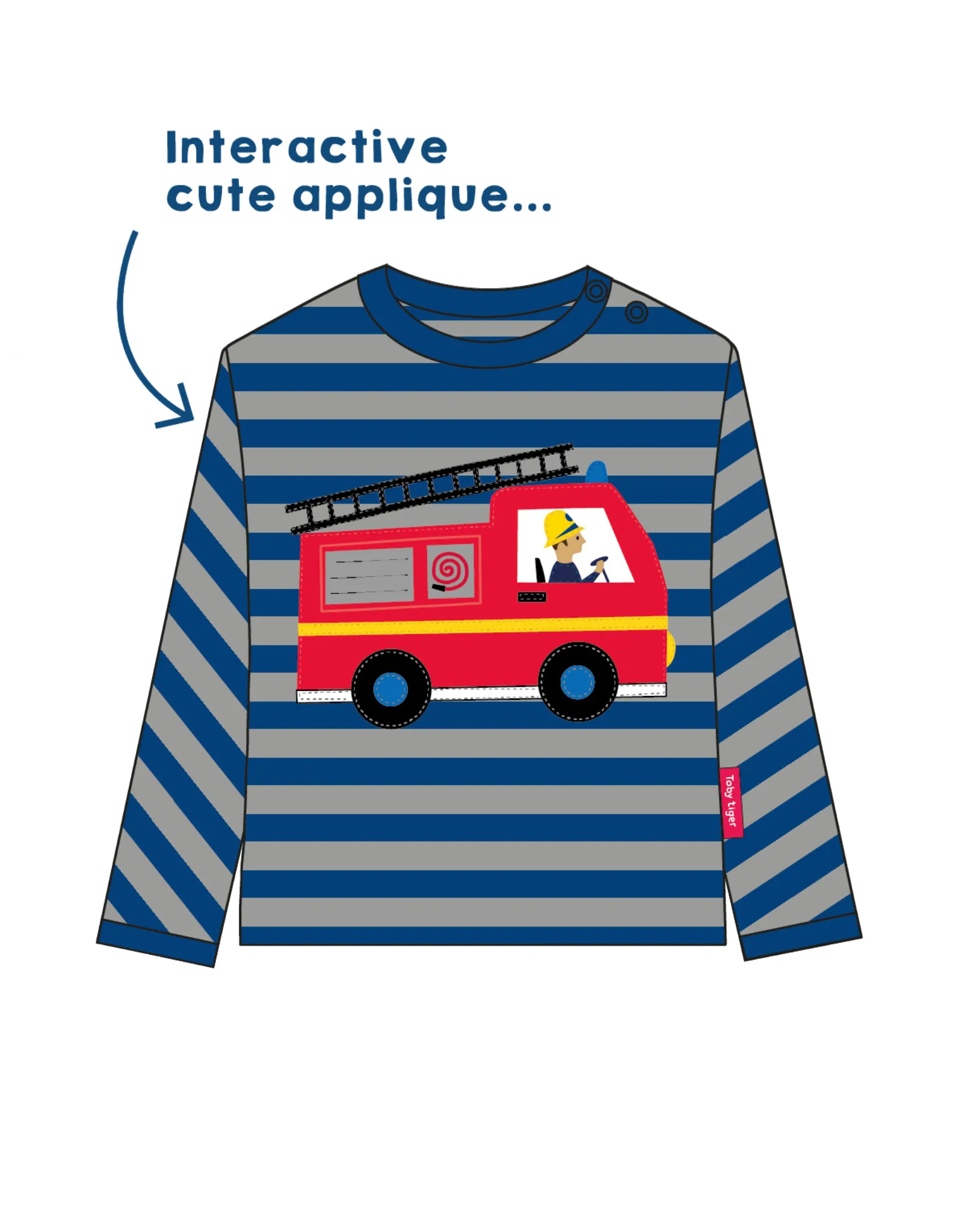 Organic Blue Fire Engine Applique Long-Sleeved T-Shirt