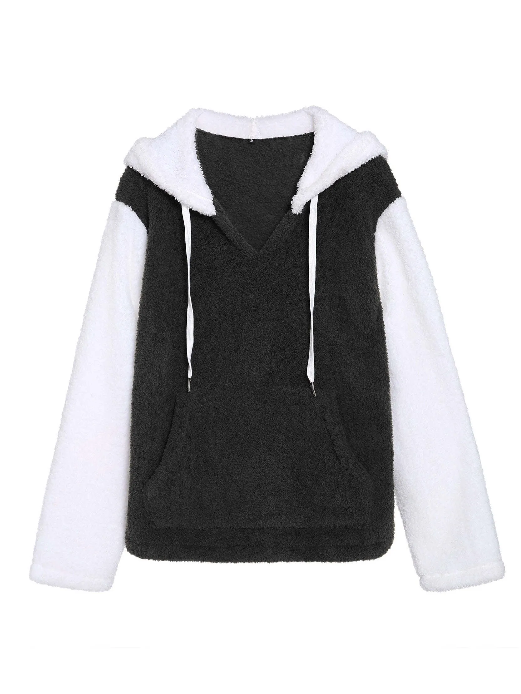 Original Design Autumn and Winter New Sexy V-neck Hooded Sweater Loose Hit Color Velvet Jacket