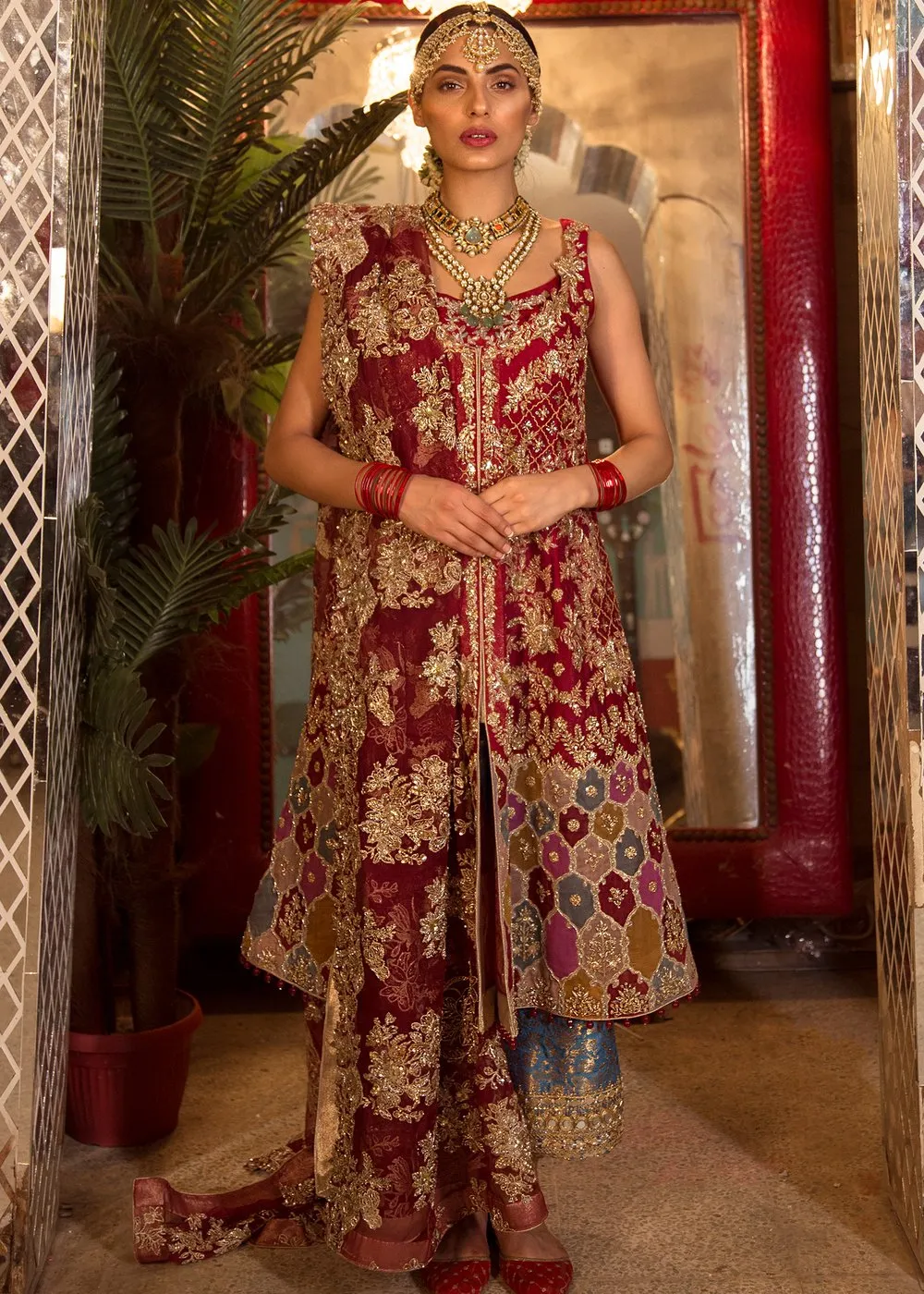 Pakistani Bridal Pashwaz in Red Color for Wedding #J5157