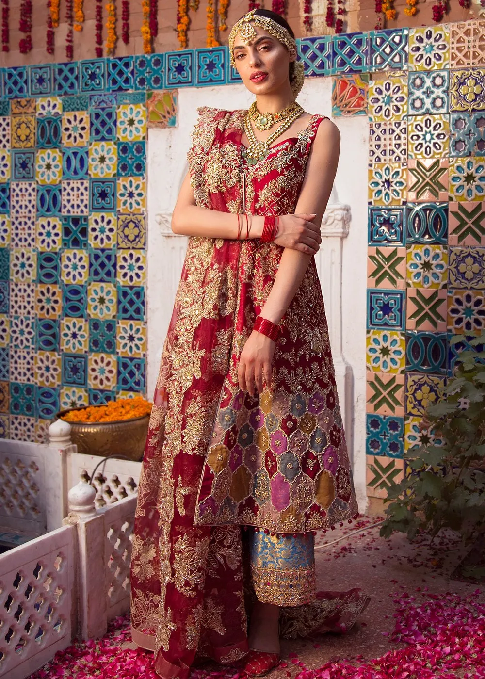 Pakistani Bridal Pashwaz in Red Color for Wedding #J5157