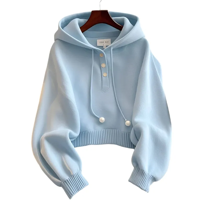 Pastel Blue Hooded Loose Casual Sweatshirts