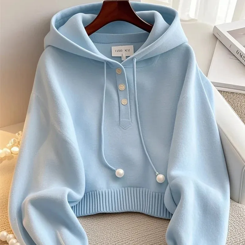 Pastel Blue Hooded Loose Casual Sweatshirts