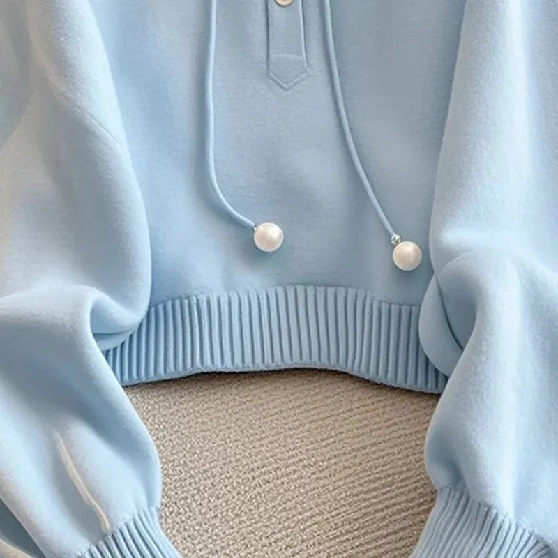 Pastel Blue Hooded Loose Casual Sweatshirts