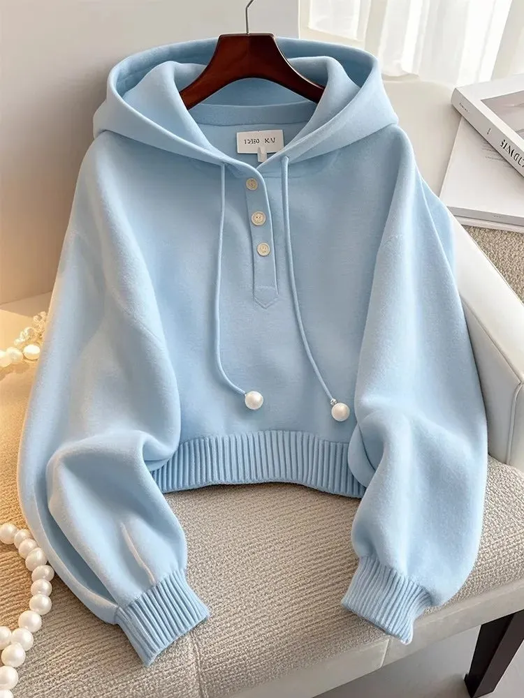 Pastel Blue Hooded Loose Casual Sweatshirts