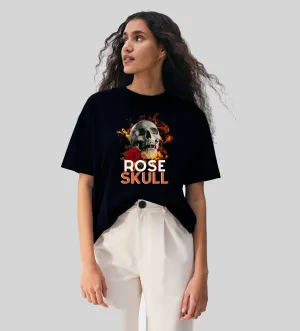 Peach Blossom Women's Printed Over-sized  Tshirt | Cotton Half Sleeve Black Color T-Shirt |  Rose Skull