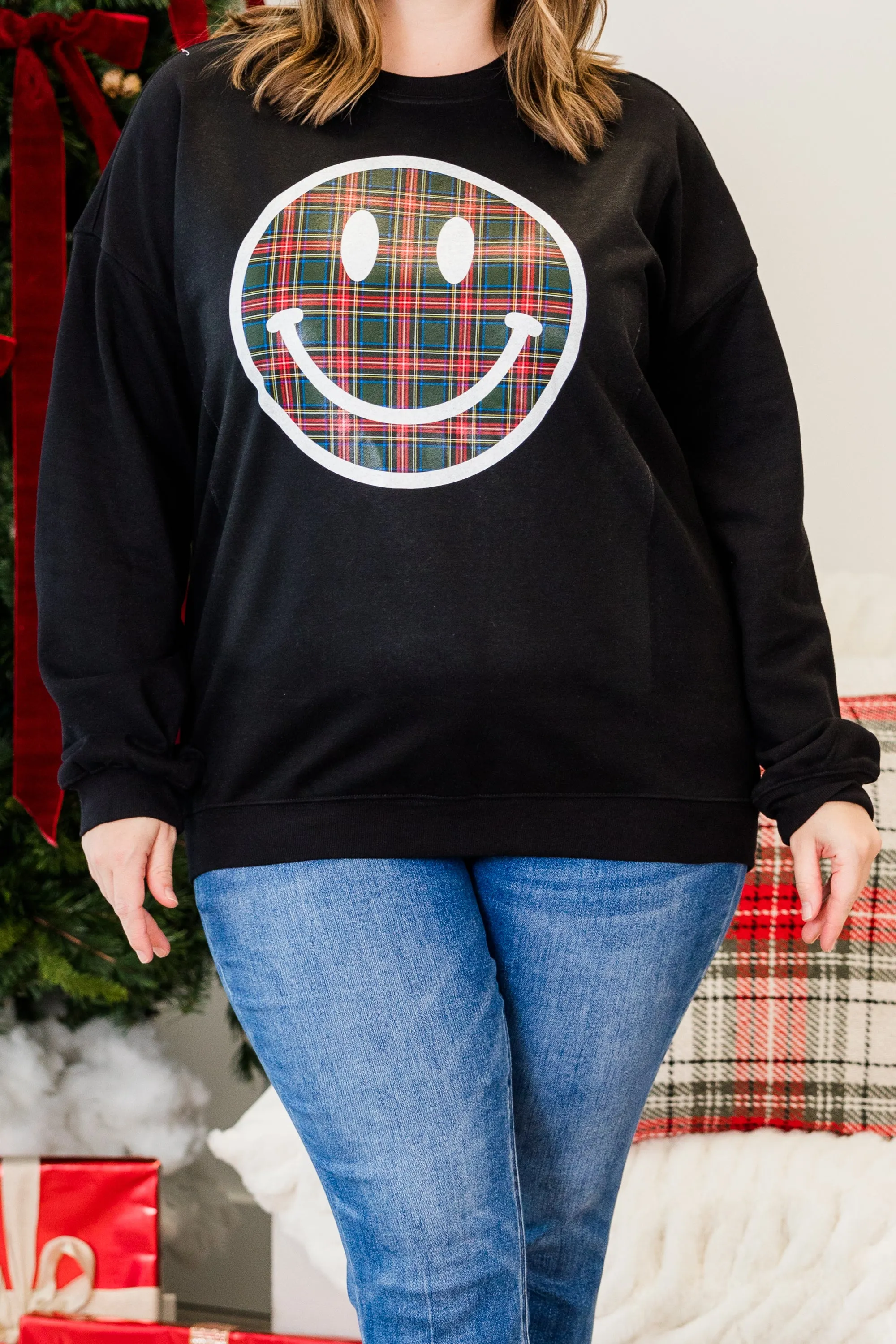 Plaid Smiley Pullover, Black