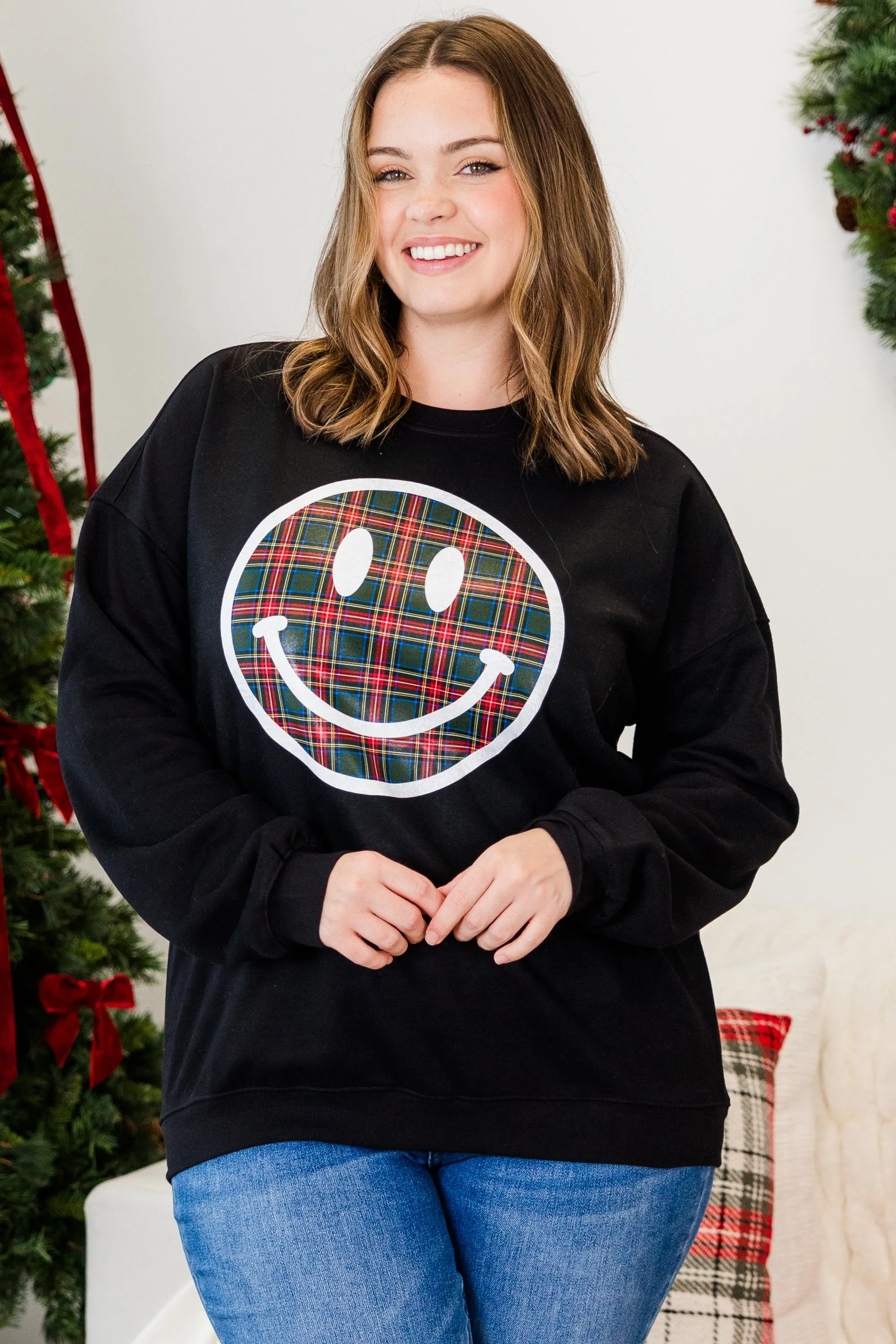 Plaid Smiley Pullover, Black