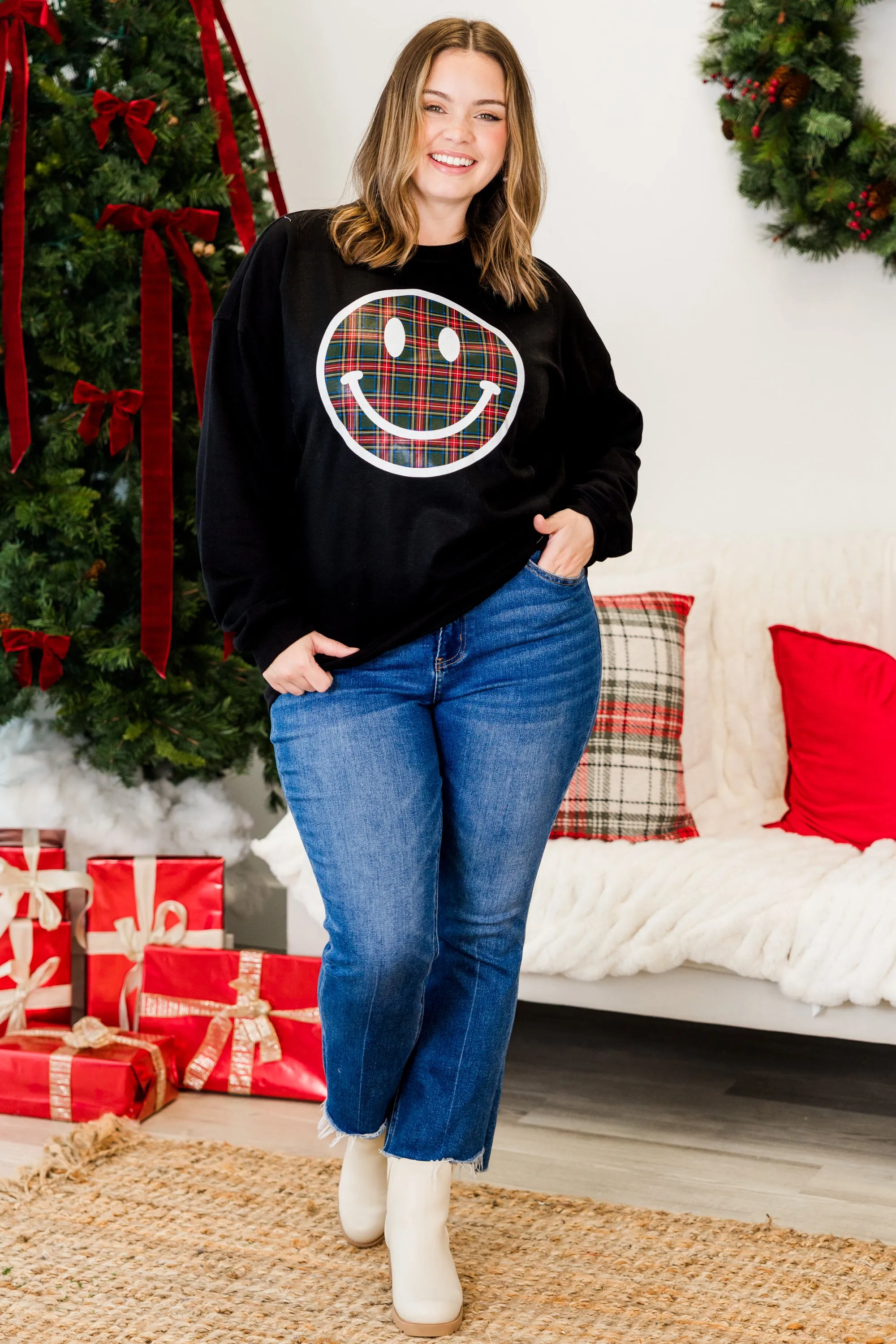 Plaid Smiley Pullover, Black