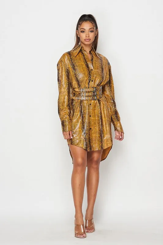 PLEATHER SNAKE PRINT SHIRT DRESS-HOEA3902-5