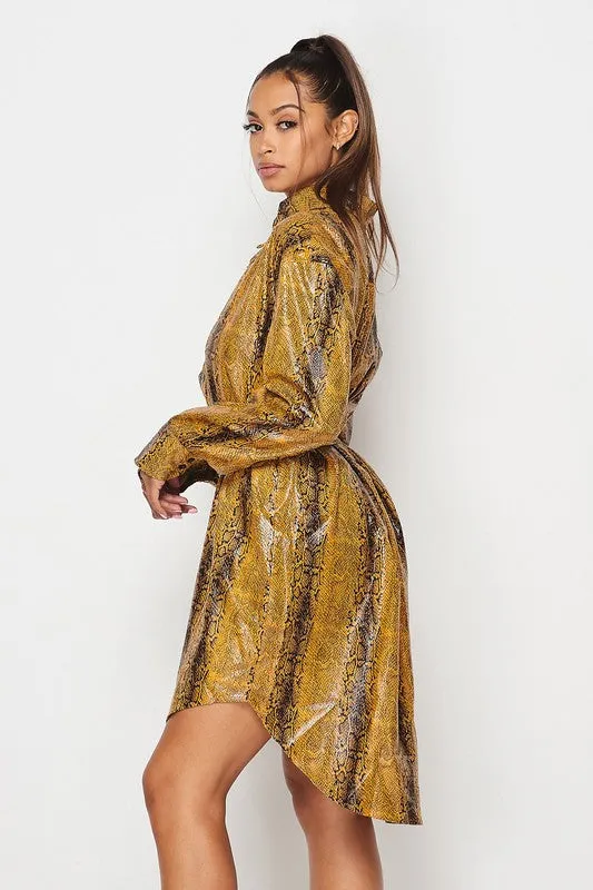 PLEATHER SNAKE PRINT SHIRT DRESS-HOEA3902-5