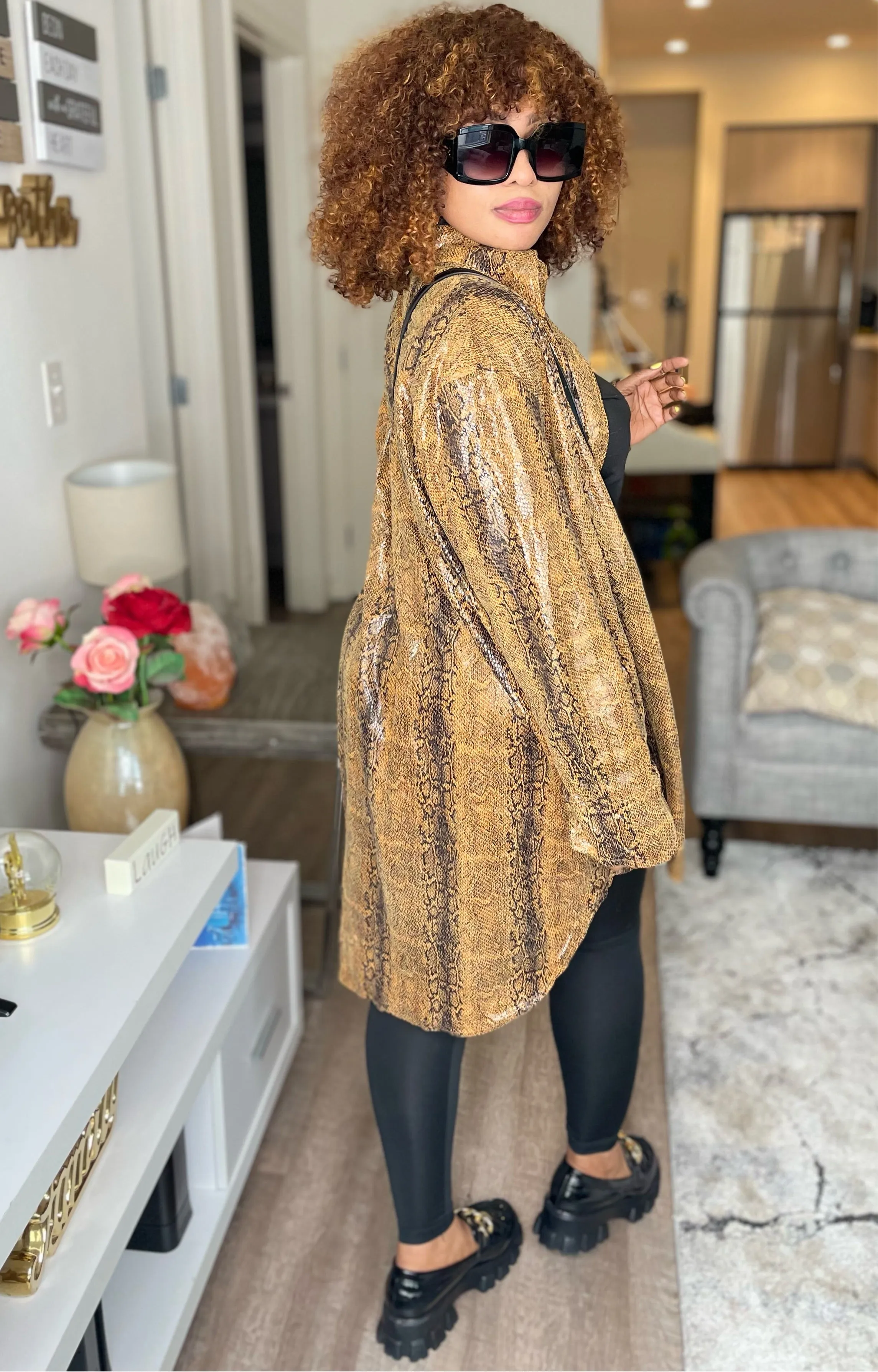 PLEATHER SNAKE PRINT SHIRT DRESS-HOEA3902-5