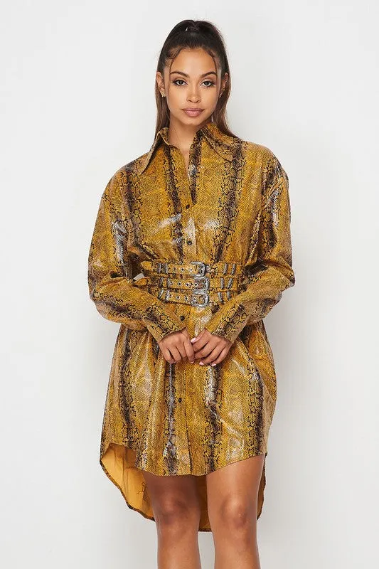 PLEATHER SNAKE PRINT SHIRT DRESS-HOEA3902-5