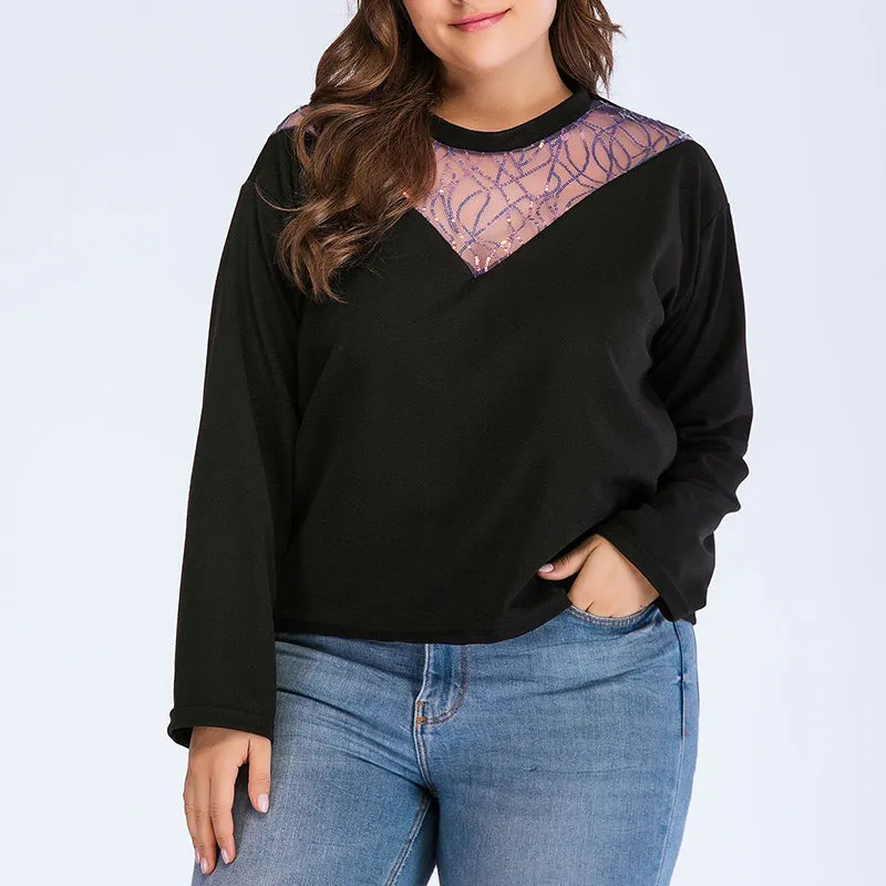 Plus Size Long Sleeve Sweater Round Neck Lace Sweater