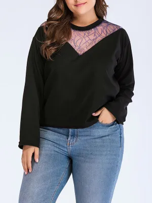Plus Size Long Sleeve Sweater Round Neck Lace Sweater