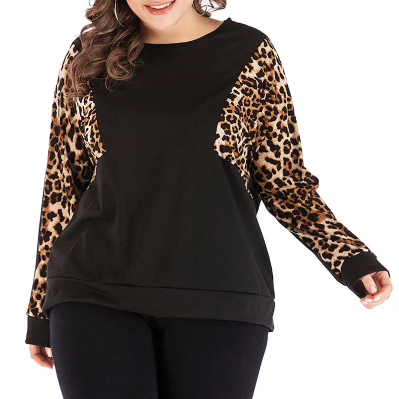 Plus Size Round Neck Pullover Bottoming Shirt Leopard Long Sleeve Stitching Sweater T-shirt