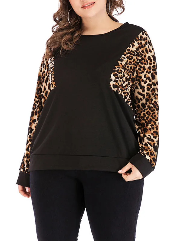 Plus Size Round Neck Pullover Bottoming Shirt Leopard Long Sleeve Stitching Sweater T-shirt