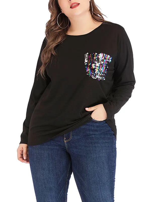 Plus Size Round Neck Pullover Two Pocket Sweater