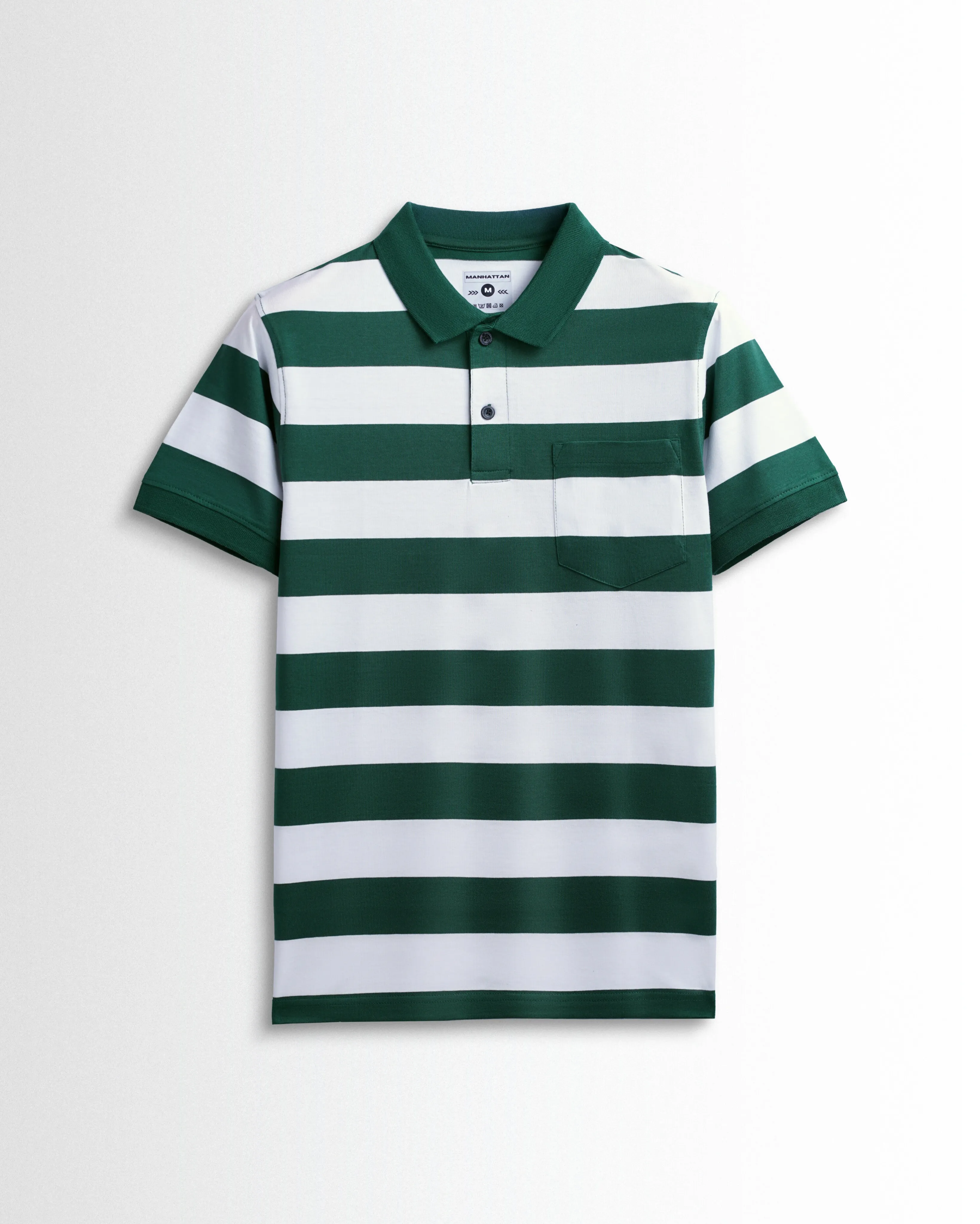 Premium Cotton Striped Polo Pocket (Green/White Stripes)