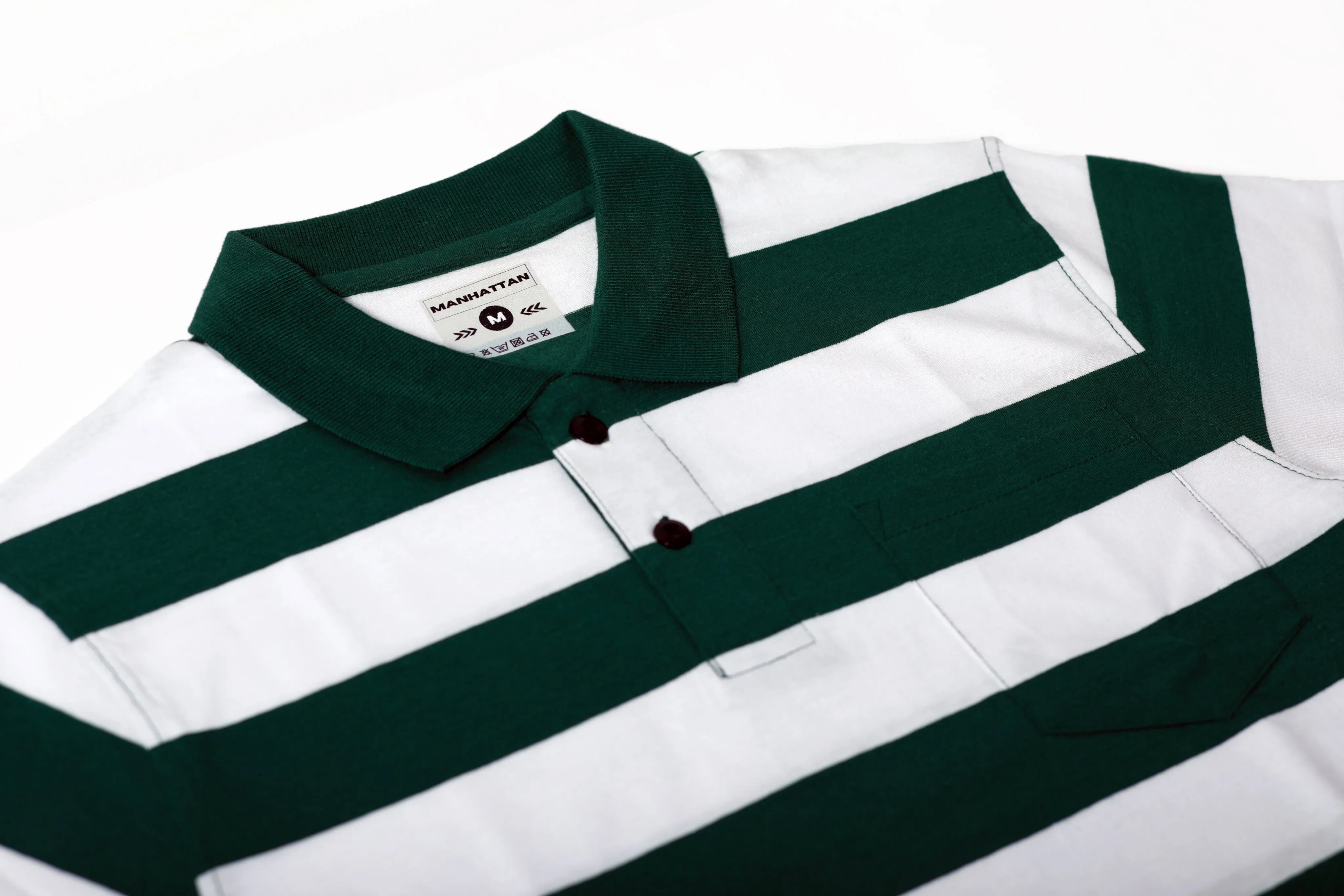 Premium Cotton Striped Polo Pocket (Green/White Stripes)